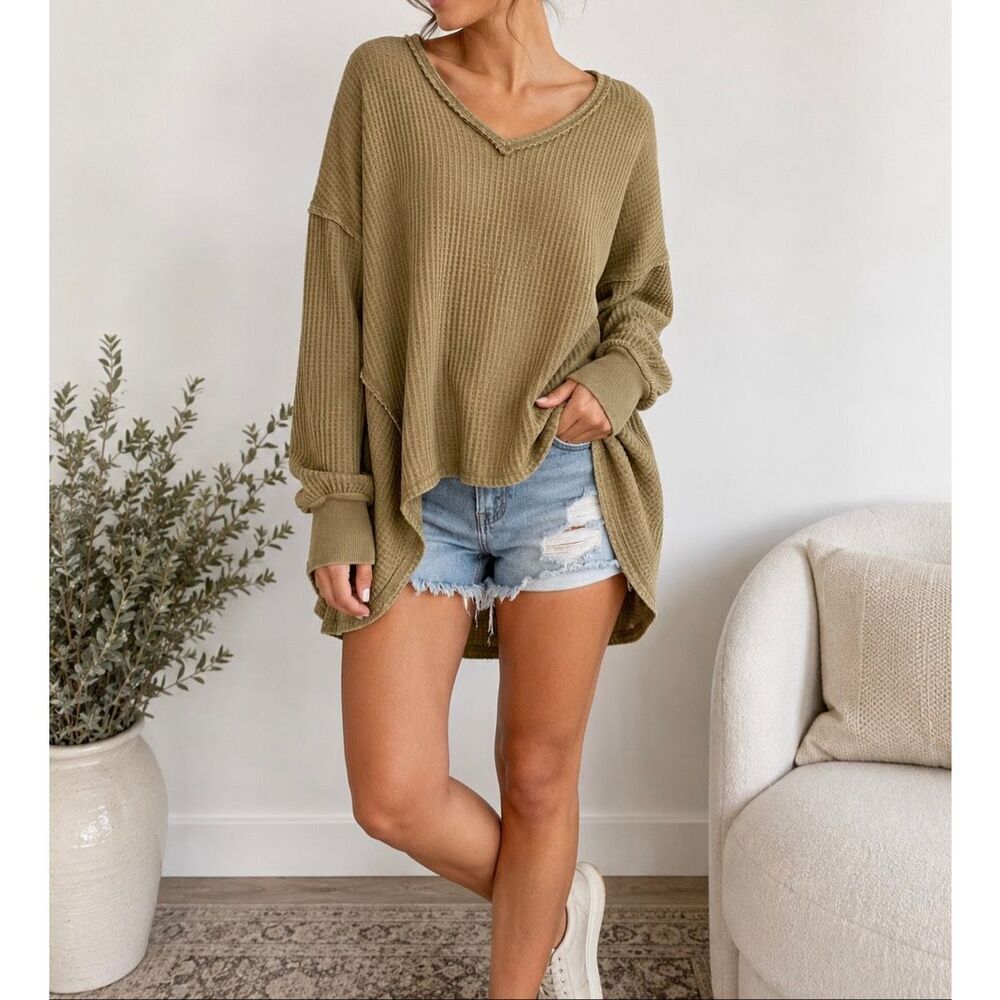 Free People We The Free Waffle Knit Oversized Thermal Top XS Boho